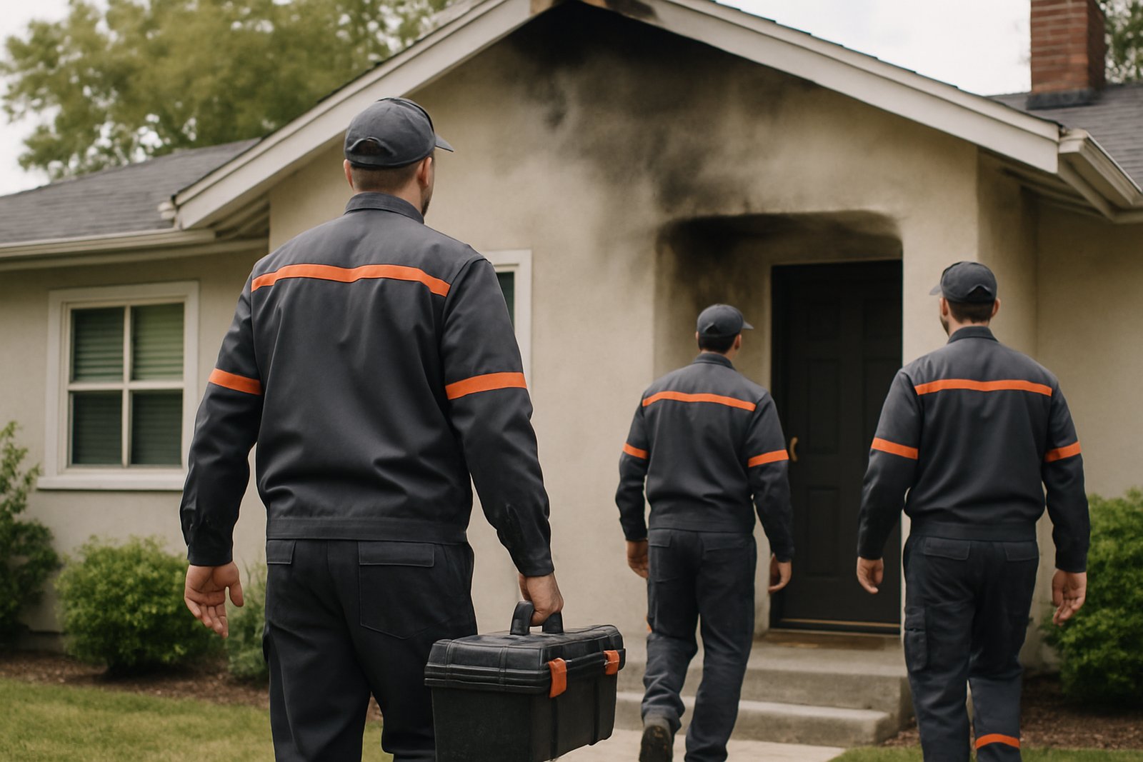 Fire damage restoration crew working in a smoke damaged room in Brea, CA