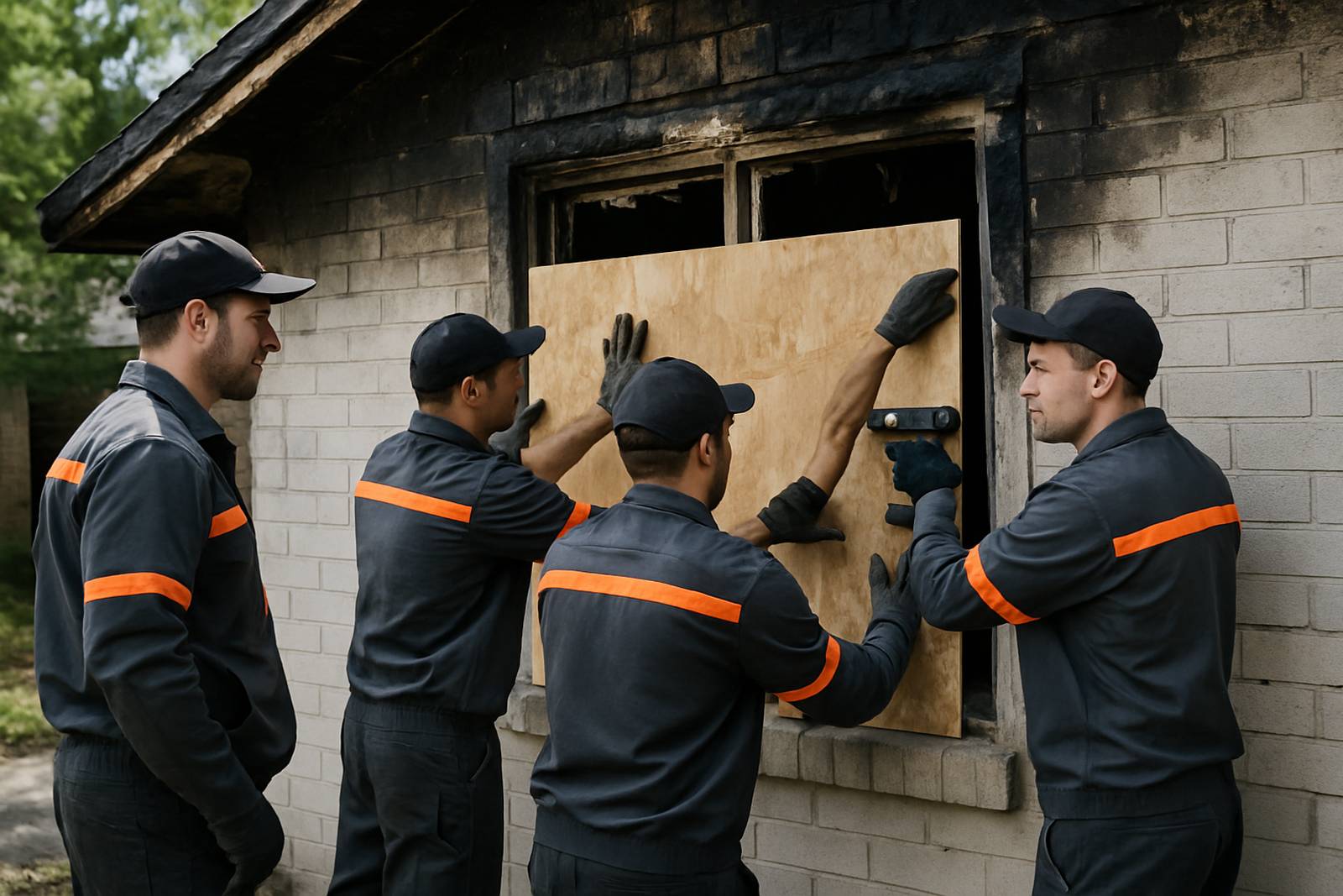 Crew during a board up of broken windows on a fire damaged Orange County house