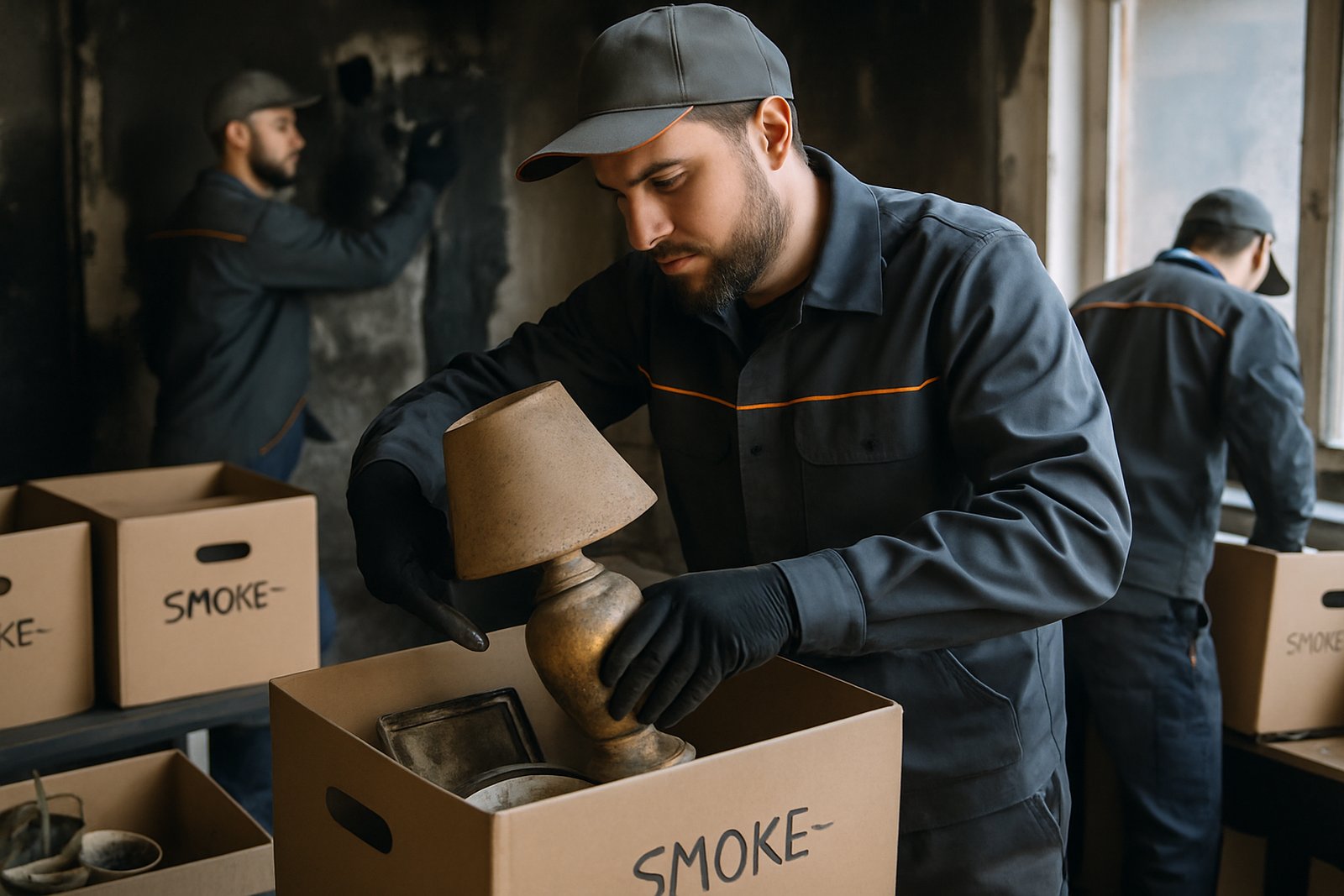 Technician during contents cleaning packing smoke damaged belongings into boxes in Orange County