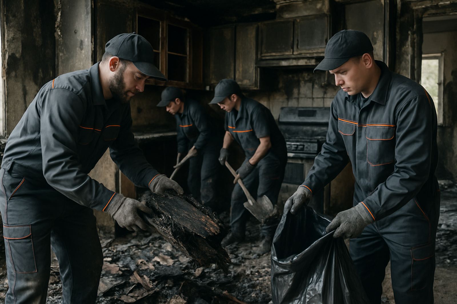 Crew during a fire damage cleanup removing charred debris in a Orange County kitchen