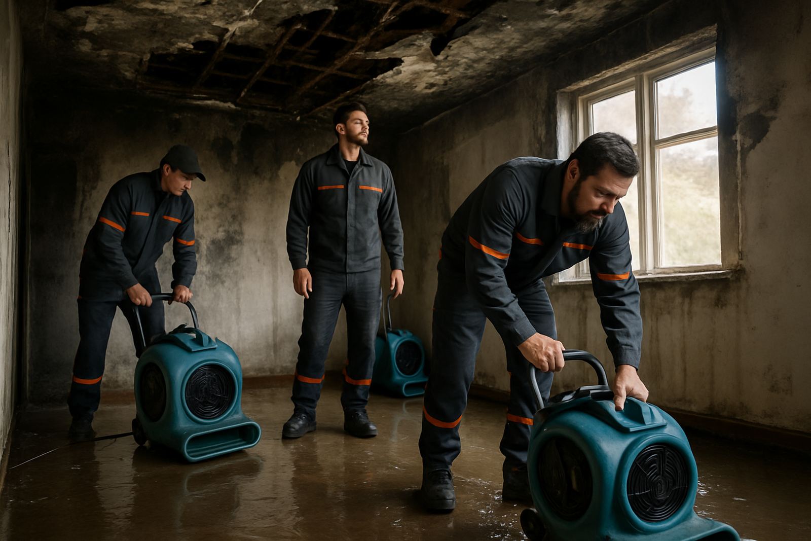 Drying equipment set up for fire and water damage below a burned ceiling in a Orange County home