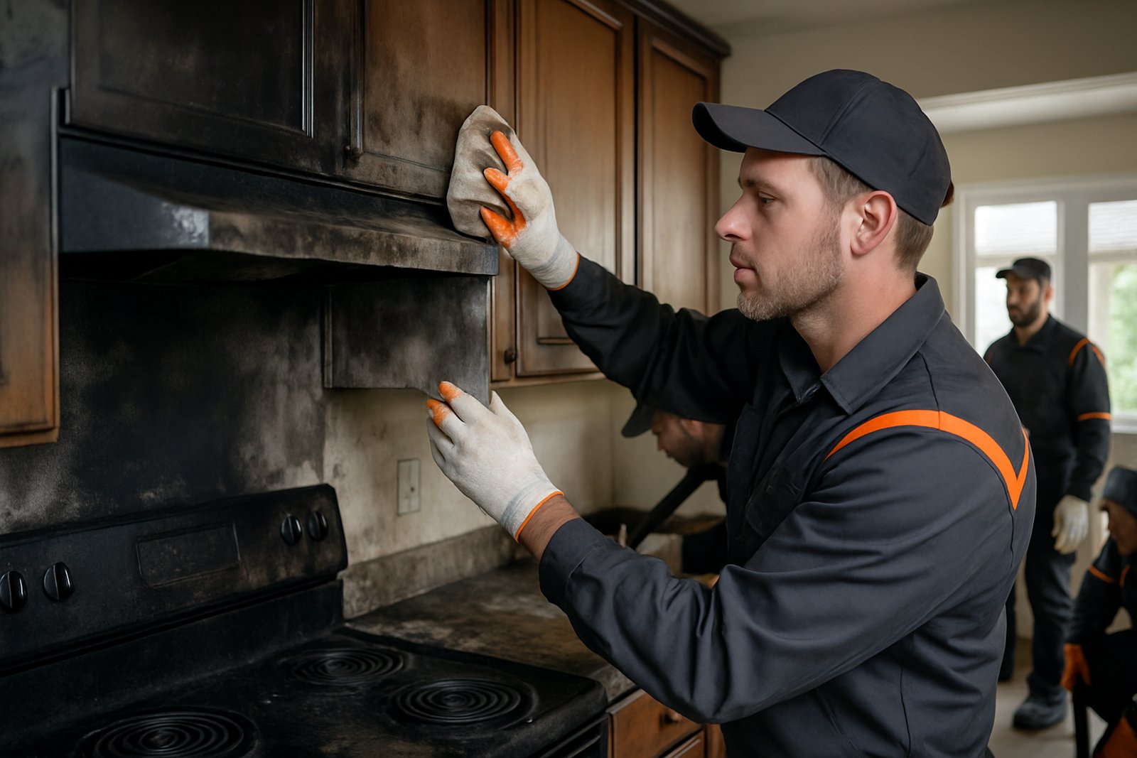Kitchen fire cleanup of smoke stained cabinets after a stove fire in a Orange County home