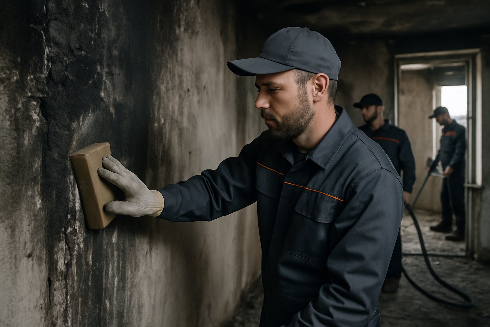 Technician removing soot from a smoke damage wall in a Orange County home